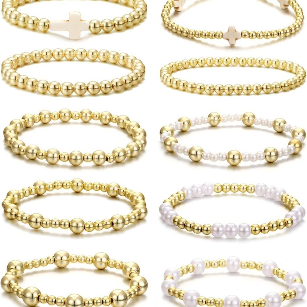 Gold Beaded Bracelets Set 10pcs Dainty Cross Pearl Stretch Jewelry for Women